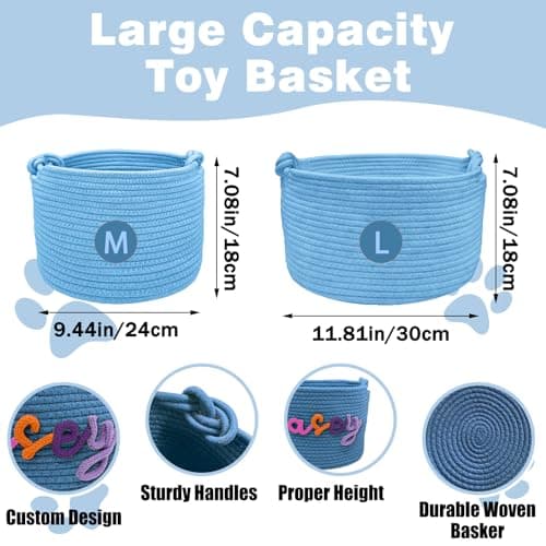 Personalized Dog Toy Basket, Custom Cat Toy Storage Bin, Large Durable Cotton Rope Basket for Puppy/Kitten Supplies, Handmade Pet Toy Box with Name Embroidery, Gift for Pet Lovers (M/L Size, 9 Colors)