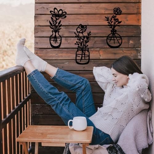 3 PCS Black Metal Flowers Wall Decor Grandma Mothers Day Gift Birthday Gifts for Women Wall Art Metal Wall Sculptures Hanging for Indoor Kitchen Bathroom Bedroom living room 14.56x5.9 inches — view 5