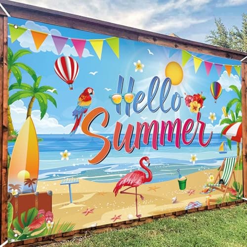 Hello Summer Backdrop, Tropical Beach Party Decorations Banner for Pool Party, Hawaiian Luau Birthday, Summer Photo Booth Background, 71 x 43 Inch — view 5
