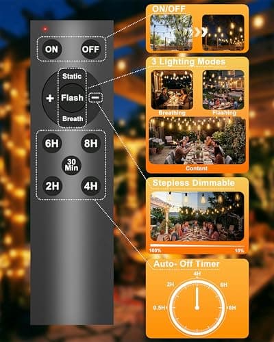 Pesken Solar String Lights Outdoor, Waterproof ST38 LED Patio Lights with Remote & USB Charge, 2700K Dusk to Dawn, Timer & 3 Modes, 54FT Dimmable Solar Powered String Lights for Backyard, Camping — view 2