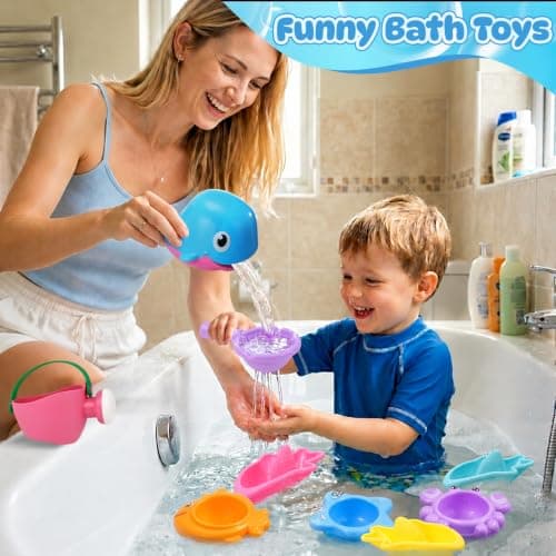 Baby Mold Free Bath Toys for Kids Ages 1-3, 10 PCS Toddler Bathtub Pool Sand Beach Toys with Whale Spoon Watering Can Stacking Cups Floating Boats for Baby Toddler Water Table Games, Girls Boys Gifts — view 5