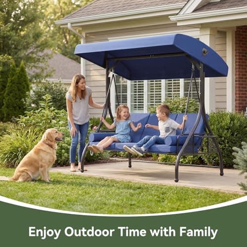 Aoxun Outdoor Porch Swing with Stand and Canopy, 3 Seats Outdoor Swings for Adults, Convertible 2 in 1 Swing Bed with Cup Holder, Patio Swings with Thicken Cushions for Garden, Yard & Balcony, Blue — view 5