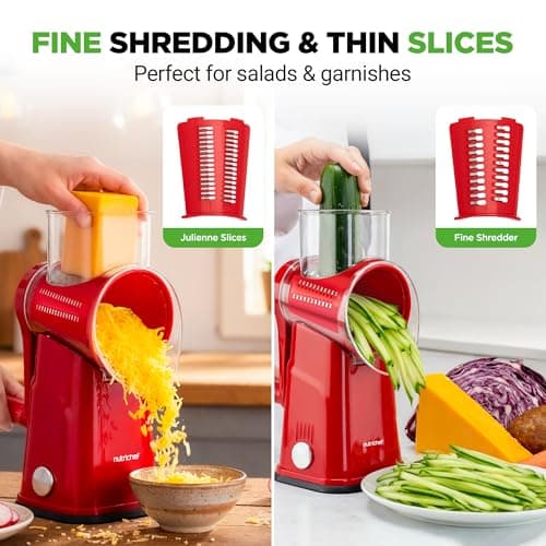 NutriChef 5 in 1 Cheese Grater & Shredder | 5 Different Blades for Thin, Thick, Julienne Strips, Wavy, & Straight Strips | Includes Hand Crank, Strong Suction Base & Storage Container | Red — view 3