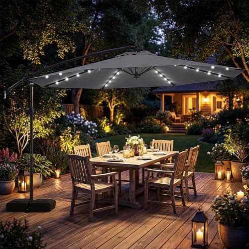 Tangkula 10ft Solar Patio Umbrella with Base Included, Offset Cantilever Outdoor Umbrella with 32 LED Lights, 360 Degree Rotation, Crank Handle for Pool Deck Garden Backyard (Gray)