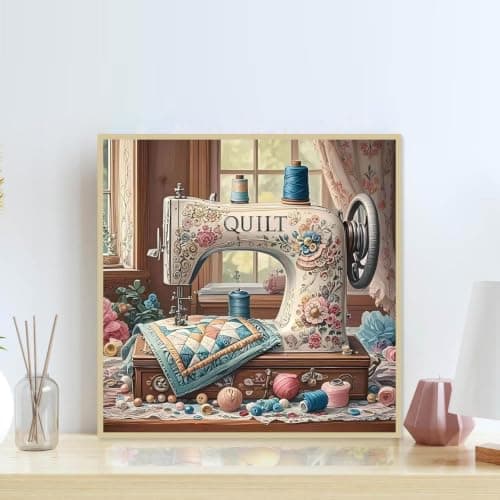 Accompany Wind Sewing Machine Diamond Art Painting Kits for Adults, Flower Diamond Dots Kits for Beginners, 5D DIY Round Full Drill Diamond Gem Art Craft for Home Decor Gift 14x14 inch