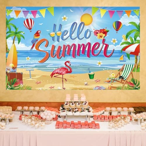 Hello Summer Backdrop, Tropical Beach Party Decorations Banner for Pool Party, Hawaiian Luau Birthday, Summer Photo Booth Background, 71 x 43 Inch — view 3