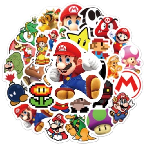 50Pcs Cartoon Mario Stickers for Kids, Vinyl Waterproof Game Decal for Water Bottle Laptop Sticker for DIY Decorate Bumper Phone Hard Hat Kids Teens Gifts (MLA)
