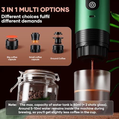 kejector Portable Coffee Maker Espresso Machine for Travel Nano Car Coffee Maker Compatible with Ground Coffee & Capsule for RV, Hiking Camping Office, Travel Espresso Maker Electric Green — view 3