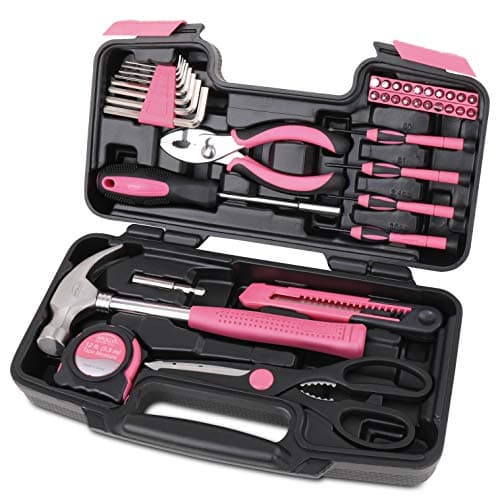 Apollo Tools Original 39 Piece General Household Tool Set in Toolbox Storage Case with Essential Hand Tools for Everyday Home Repairs, DIY and Crafts - Pink Ribbon - DT9706P