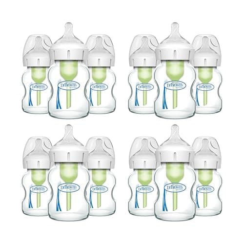 Dr. Brown's Anti-Colic Options+ Wide-Neck Glass Baby Bottle, 5 oz/150 mL, with Level 1 Slow Flow Nipple, 0m+, 3 Count (Pack of 4)