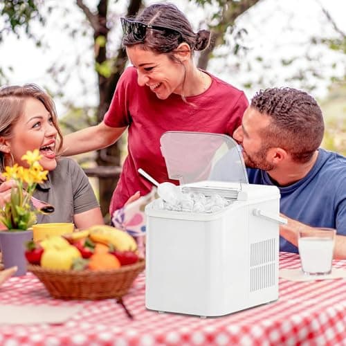 KMFurnila Ice Makers Countertop, Portable Ice Machine with Handle, 6 Mins 9 Bullet Ice Cubes with Basket and Scoop, 26lbs in 24Hrs, Auto-Cleaning, for Home, Kitchen, RV, Camping, White — view 4