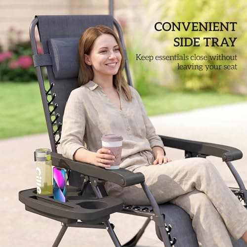 Outsunny Zero Gravity Chair Set of 2, Adjustable Reclining Outdoor Lounge Chair with Cup Holder, Folding Recliner Patio Chairs with Headrest for Patio, Pool, Camping, Dark Grey — view 5