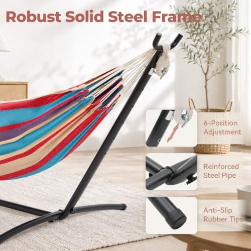 Hammock with Stand, Ohuhu Double Hammock with Space Saving Steel Stand & Pillow 2 Person Hammocks with Portable Carrying Bag for Camping Garden Patio Indoor Use Gift for Birthday, Tropical — view 3