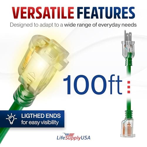 100ft Outdoor/Indoor Extension Cord 14/3 Gauge Heavy Duty 3 Prong SJTW, Waterproof, Flexible Cold-Resistant Long Power Cord,13A 125V 1625W, Green by LifeSupplyUSA — view 5