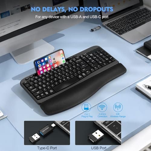 EAYBLLY 2.4G Wireless Ergonomic Keyboard, Full Size Wave Keys with Memory Foam Wrist Rest & 7.28in Phone Holder, USB-C Adapter Included for Windows Mac Chrome OS, Office or Home (Black) — view 4