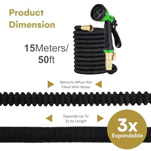 Flexi Hose with 8 Function Nozzle Expandable Garden Hose, Lightweight & No-Kink Flexible Garden Hose, 3/4 inch Solid Brass Fittings and Double Latex Core, 50 ft Black — view 2