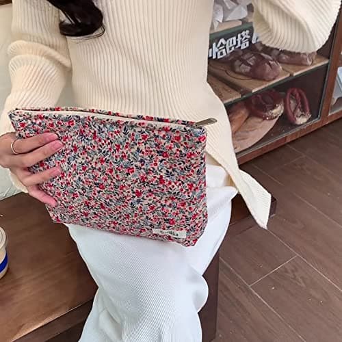 Makeup Bag for Women,Large Floral Cosmetic Bags Travel Toiletry Bag Organizer Zipper Storage Pouch,Beige Flowers — view 2