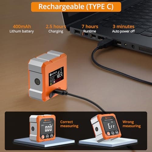 Neoteck 4-Side Magnetic Digital Angle Finder with Laser (Class 2,<1mW Output) 4x90°Angle Finder Tool Rechargeable Digital Angle Gauge with Backlight Screen Laser Level for Construction Decorations — view 4