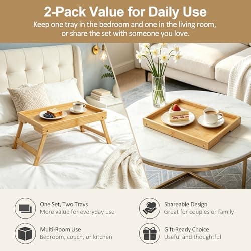 Breakfast Tray with Folding Legs Set of 2, Bamboo Bed Tray Table 15.7" Foldable TV Dinner Tray with Ergonomic Wave Handles for Bed Couch Sofa, Breakfast, Snacks, Coffee, Natural — view 2