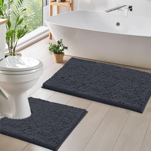 LuxUrux 2 Piece Bath Mat Set, Extra-Soft Plush Bath Shower Bathroom Rug + U-Shaped Toilet Mat. 1'' Chenille Microfiber Material. Super Absorbent. Machine Wash & Dry (Curved Set, Charcoal)