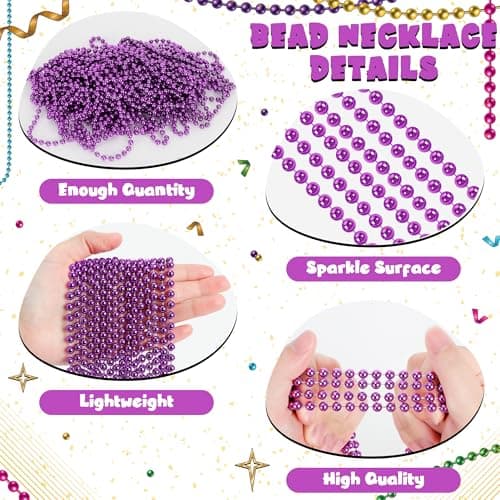 Huskein 12 PCS Purple Mardi Gras Beads, 33" Mardi Gras Beads Bulk, Purple Bead Necklace, Mardi Gras Favors Accessory Set, Round Beads Necklaces for Mardi Gras Carnival Celebrations — view 2