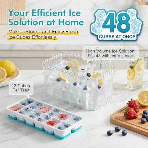 NFK Ice Cube Tray with Lid & Bin - 4 Pack 48 Cubes Stackable Silicone Trays for Freezer with Storage Container, Leak-Proof Lids, BPA-Free, Easy Release for Kitchen, RV, Party, Cocktail & Coffee — view 2
