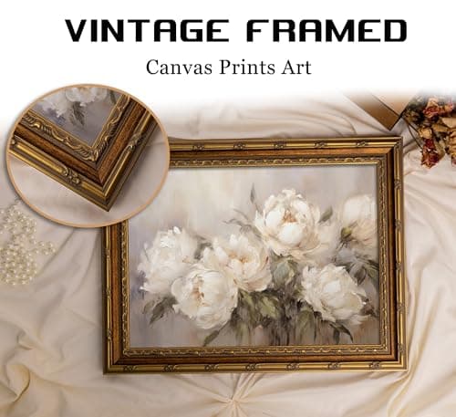 Vintage Gold Framed Vintage Flower Wall Art Retro White Floral Wall Decor Retro Peony Artwork Picture for Home Living Bedroom Farmhouse Hallway
