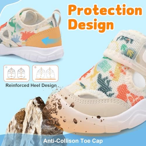 JOINFREE Closed Toe Water Sandals for Toddlers Wide Fit Quick-Dry Aqua Shoes with Anti-Collision Toe for Summer Activities Beige Dinasour Size 8 — view 2