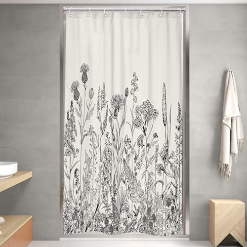 Riyidecor Small Stall Wildflower Farmhouse Half Shower Curtain 36Wx72H Inch Narrow Single Botanical Flower Floral Herbs Bathroom Windows Balconies Fabric Polyester Waterproof 7 Pack Plastic Hooks