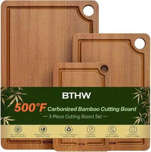 Bamboo Cutting Board for Kitchen – 3-Piece Wooden Boards with Juice Grooves, Side Handles, Non-Slip Mats – Perfect for Meat, Veggies, Fruit – Ideal Kitchen Gift
