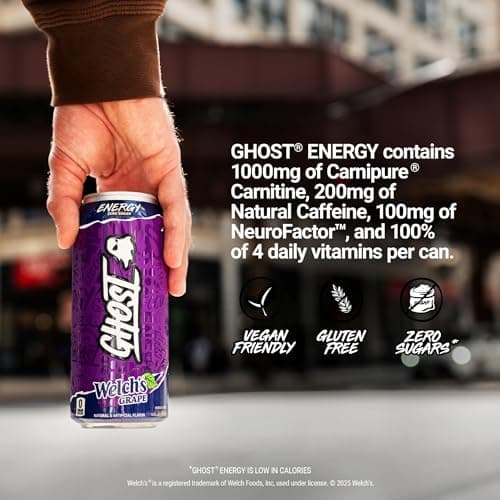 GHOST Energy Drink - 12-Pack, Welch's Grape, 16oz Cans - Energy & Focus & No Artificial Colors - 200mg of Natural Caffeine, L-Carnitine & Taurine - Gluten-Free & Vegan — view 4