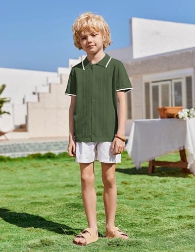 Arshiner Boys Button Down Shirt Short Sleeve Knit Shirt Summer Vintage Fashion Casual Beach Shirts for Kids 3-14 Years Army Green — view 5