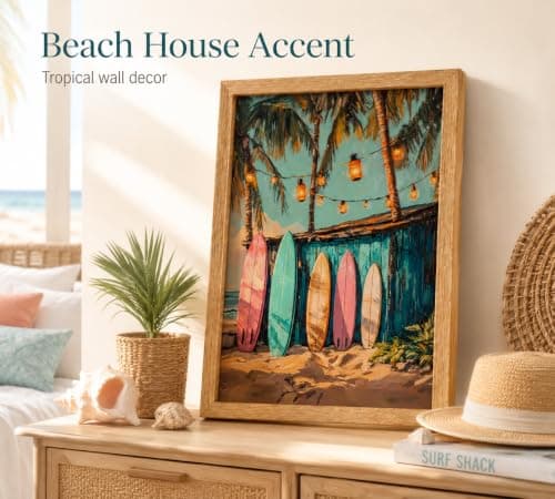 Framed Vintage Surfboard Canvas Wall Art,Coastal Painting Picture Wall Decor,Tropical Palm Tree Lantern Summer Poster Print Artwork,for Living Room Bedroom Bathroom Girls Room Home Decoration 8x10in — view 2