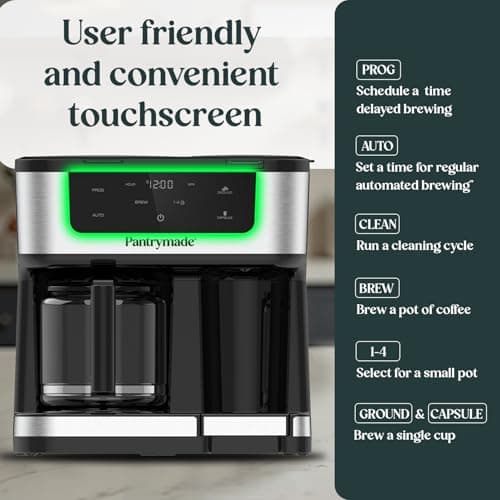Pantrymade Dual Brew Coffee Maker | 12 Cup Glass Carafe & Single Serve K-Cup Combo | Programmable Touchscreen Coffee Machine for Ground Coffee or Pods | Auto Shut-Off, Black — view 5