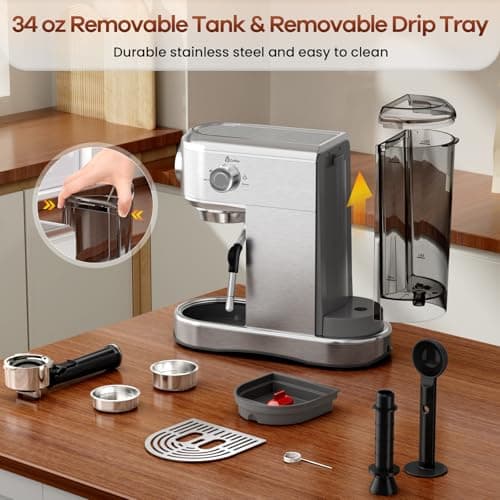 ANYCOLD Espresso Machine with Milk Frother, 20 Bar Stainless Steel Coffee Machine, Espresso Maker with 34oz Removable Water Tank for Home, Office, Women or Men — view 4