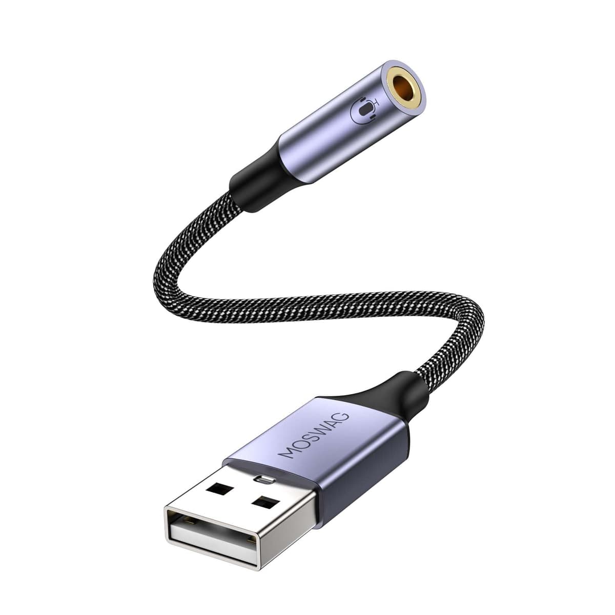 MOSWAG USB to 3.5mm Audio Adapter Built-in DAC External Sound Card Nylon Braided Aluminum Shell for PC Laptop PS5 PS4 Mac Linux Chromebook 1Pack