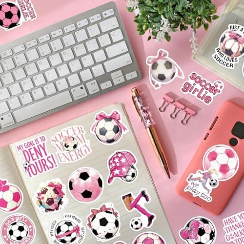 50Pcs Pink Soccer Stickers for Women - Vinyl Waterproof Football Decals for Laptops, Water Bottles, Journals | Cute Sporty Gift for Female Athletes, Players, Teens Girls — view 3