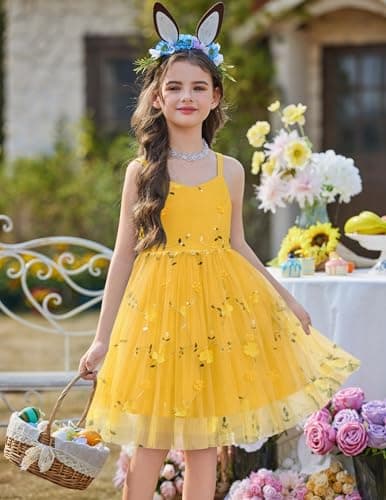 Arshiner Toddler Girls Tulle Dress Bowknot Tutu Birthday Princess Embroidery Yellow Floral Dresses Formal Photoshoot Outfit Summer Clothes 5-6Years — view 2
