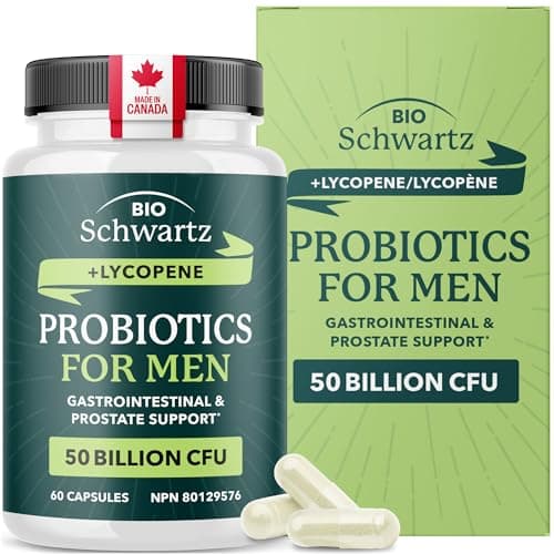 Probiotics for Men | Gut Health & Prostate Support | 50 Billion CFU with 15 Probiotic Strains | With Lycopene for Prostate Support | Men’s Gut Health Supplements | Non-GMO | Made in Canada | 60 Ct