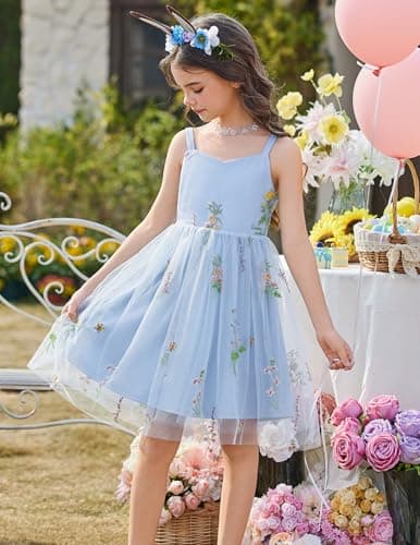 Arshiner Toddler Girls Tulle Dress Bowknot Tutu Birthday Princess Embroidery Blue Floral Dresses Formal Photoshoot Outfit Summer Clothes 5-6Years — view 2