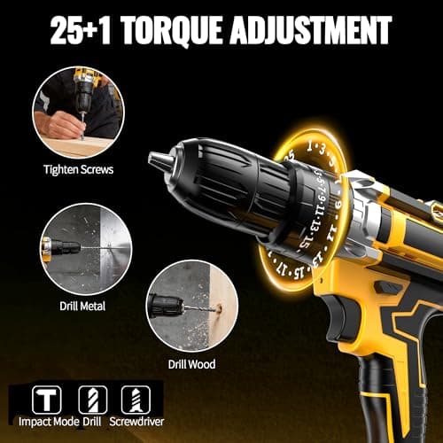 21V Cordless Drill Driver: 3/8" Keyless Chuck, Electric Power Drill Set with 2×Batteries, Drill and Driver Bits, 25+1 Torque for Screwdriving, Drilling into Wood/Plastic/Metal — view 3