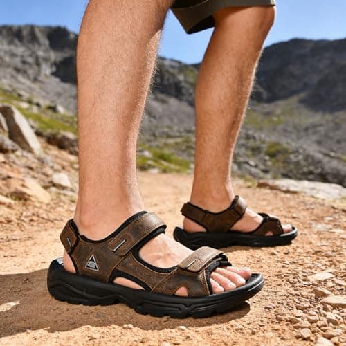 SHOPARKED Men's Leather Athletic Sandals Hiking Shoes EVA Cushion Foam Midsole With Arch support Rugged Durabrasion Rubber Outsole Dark Brown 9.5