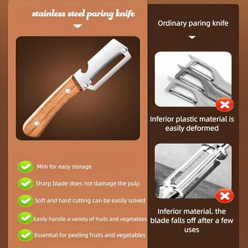MultiFunctional Vegetable Peeler for Kitchen，Multifunctional Vegetable Peeler with Wooden Handle and Bottle Opener，2-in-1 Stainless Steel Kitchen Tool for Fruit Apple Potato Pumpkin Papaya (1) — view 4