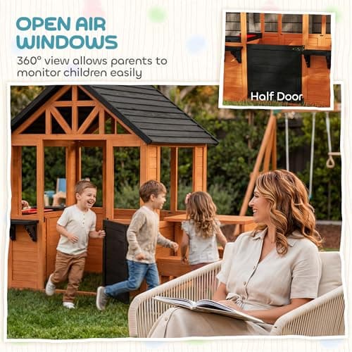 Qaba Outdoor Playhouse for Kids, Wooden Garden Games Cottage with Table, Benches, Sink Table, Snack Bar Window and Flowerpot Holders, for Ages 3-8, Light Brown — view 5