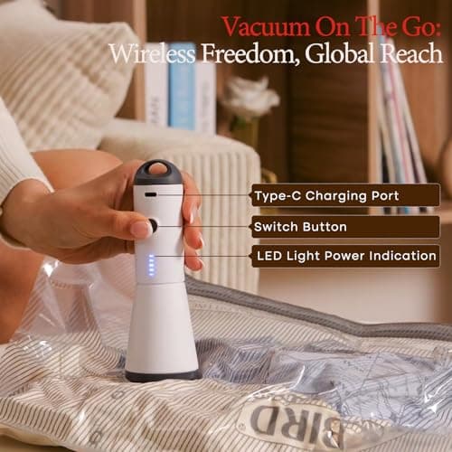Vacbird 15 Pack Vacuum Bags for Travel with Rechargeable Cordless Electric Pump, Carry-on Packing Bags for Luggage and Suitcase, Space Saver for Clothes and Clothing