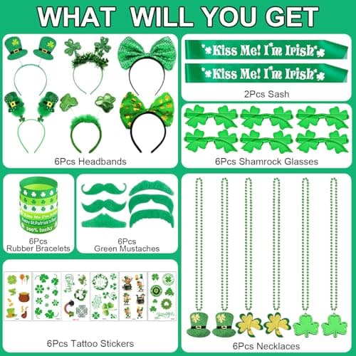 68Pcs St Patricks Day Accessories Party Supplies Set, Headband Glasses Beads Necklaces Tattoo Stickers for St Patricks Day Costume Party