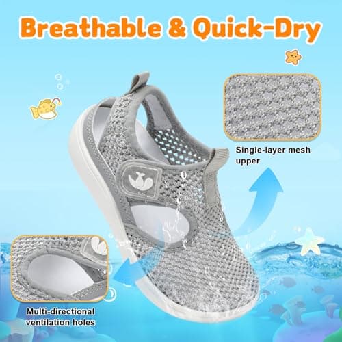 JOINFREE Toddler Water Shoes Boys Girls Wide Toe Box Barefoot Kids Sandals Quick-Dry Mesh Aqua Sneakers Non-Slip Closed Toe Beach Pool Splash Pad Walking Shoes for Kid Grey 7 Toddler — view 2