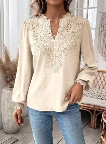 Falechay Womens Winter Tops V Neck Fashion Flower Trendy Tops for Women Apricot Dressy Casual Swiss Dot Clothes XS