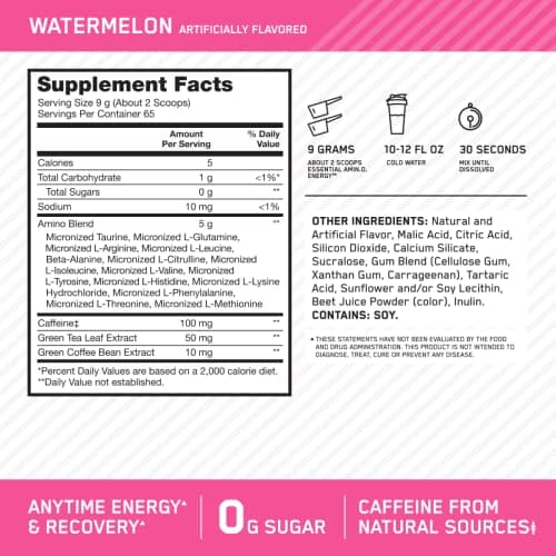 Optimum Nutrition, Amino Energy - Pre Workout with Green Tea, Bcaa, Amino Acids, Keto Friendly, Green Coffee Extract, Energy Powder - Watermelon, 65 Servings — view 2