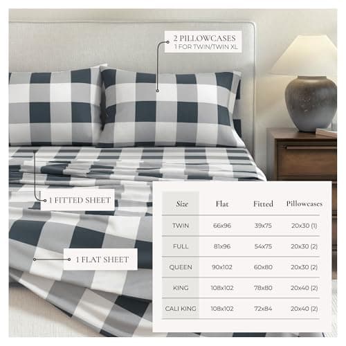 Extra Soft Buffalo Check 100% Turkish Cotton Flannel Sheet Set. Warm, Cozy, Lightweight, Luxury Winter Bed Sheets. Belle Collection (Queen, Navy) — view 2